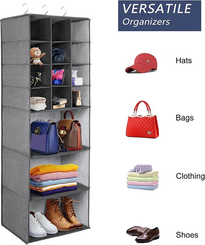 Libeder Shoe Organizers for Closet, 15 Shelf Hanging Closets Storage Shelves,12 Rack Organizer 3 Large Compartment for Clothes, Space Saving for Shoes with 3 Metal Hook(Grey)