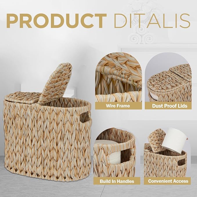 Toilet Paper Storage with Double Lid, Toilet Paper Basket for Storage, Waterproof & Freestanding Tissue Holder for Bathroom, 4 Rolls, Beige