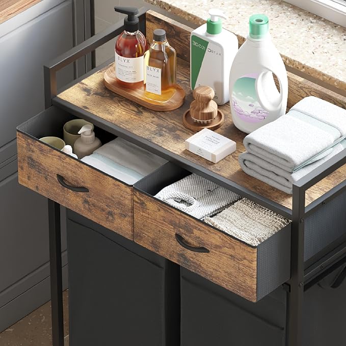 Mondeer Laundry Sorter with 2 Drawers, 100L with Pull-Out Removable Laundry Bags, Laundry Hamper Baskets with 2 Section and Wheels, Rustic Brown and Black