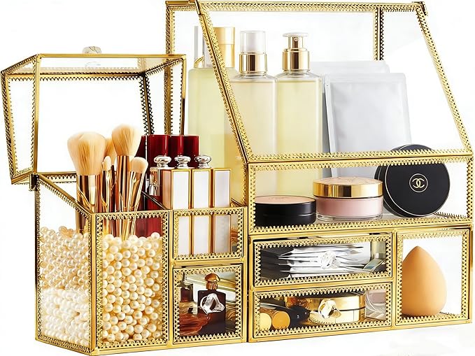 Tempered Glass Makeup Organizer with Gold Heart Shaped Metal Frame, Large Cosmetic Storage Drawer Cabinet, Dustproof Vanity Display Case for Lipstick Makeup Brush Skincare