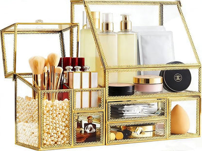 Tempered Glass Makeup Organizer with Gold Heart Shaped Metal Frame, Large Cosmetic Storage Drawer Cabinet, Dustproof Vanity Display Case for Lipstick Makeup Brush Skincare