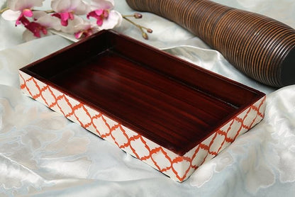 Handicrafts Home 10"x6" Vanity Tray for Bathroom Countertop, Moroccan Bone Inlay Decorative Organizer Tray for Perfume, Jewelry, Cosmetics & Dresser Decor, Rectangular Catchall Tray, White Red