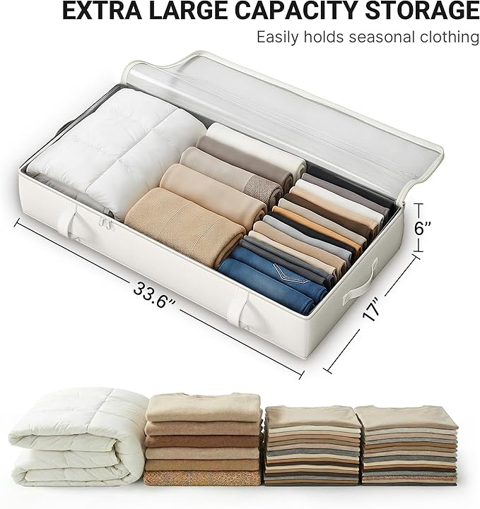 TidyCorner 2-Pack Under Bed Storage, 6 Inches Tall Closet Organizers and Storage Bins with Sturdy Sidewalls/Bottom/4 Handles, Beige