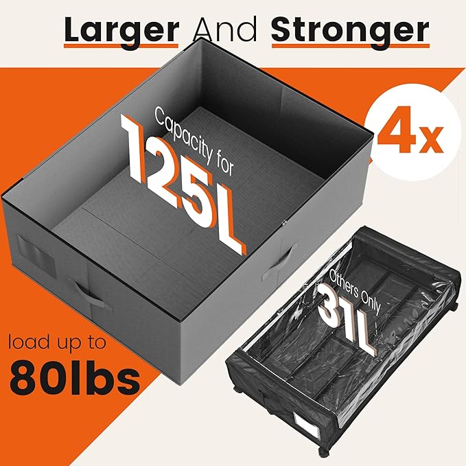 XXXXL 125L Under Bed Storage, Storage Containers with Support & Clear Lid, Support Frame, Underbed Storage Bins for Clothes, Shoes, Blankets, and Toys 2 pack