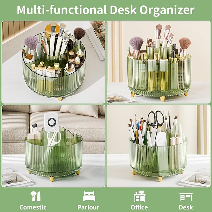 fanado 360° Rotate Makeup Brush Holder Organizer, Makeup Organizers Countertop, Makeup organization and Skincare Storage for Vanity, Desktop, Bathroom (Clear Green)