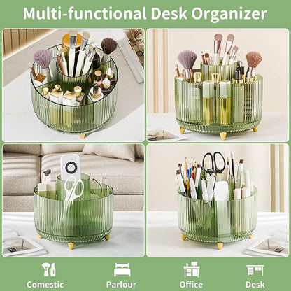 Clear Rotating Makeup Organizer Countertop for Vanity, 360° Makeup Brush Holder Organizer with 5 Compartments, Transparent Cosmetic Storage for Lipstick, Skincare, Bathroom Counter(Transparent Green)