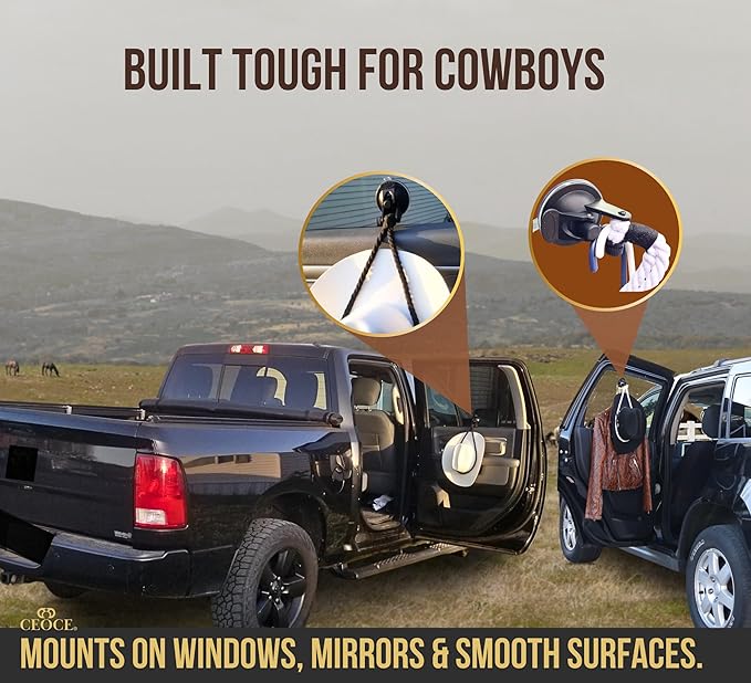 Car Cowboy Hat Holder for Truck – Easy-to-Use, Cotton Rope, Strong Suction Car Hat Holder Cowboy, Western Style – Keeps Gear Safe from Damage. (3-Pack)