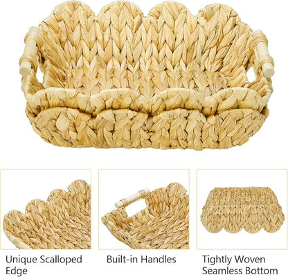 2Pack Scalloped Edge Wicker Basket,Hand-Woven Rattan Baskets with Wooden Handles,Natural Water Hyacinth Basket for Laundry,Shelves,Gift Basket