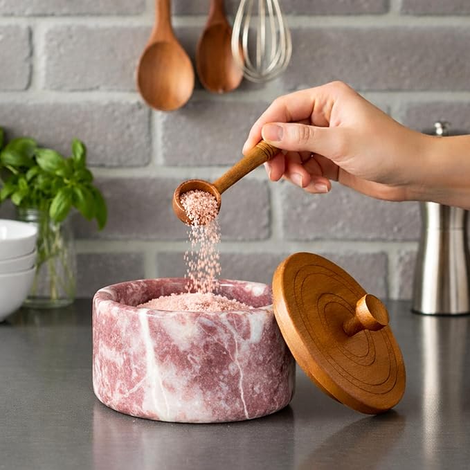 Marble salt cellar with lid and spoon, salt container with spoon, salt bowl with acacia wood lid, salt holder for countertop, salt jar - Red
