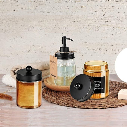 Amolliar Bronze Glass Apothecary Jar With Metal Lid & Stickers, Bathroom Qtip Dispenser Storage Canister, Perfect for Cotton Balls, Cotton Swabs, Makeup Pads, Bath Salt, Floss, 2 Pack (Black)