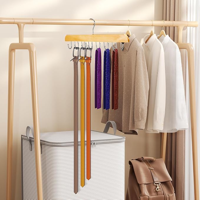 ASTIMESA Solid Wood Belt Hanger for Closet, 14 Hooks Belt Organizer Space Saver, 360° Rotating Belt Holder Tie Rack for Men Women Dorm Bra Purse Scarf Tank Top Storage Accessories (Beige)