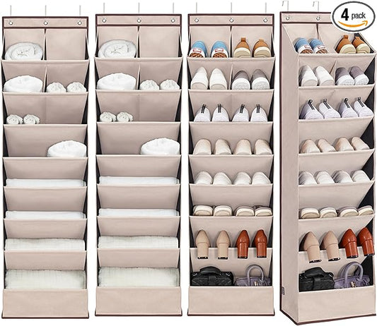 4 Pack Shoe Organizer with 6 Extra Large Pockets and 4 Large Pocket, Over the Door Sturdy Closet Storage Rack, Hanging Shoe Organizer for Shoes, Sneakers, Beige