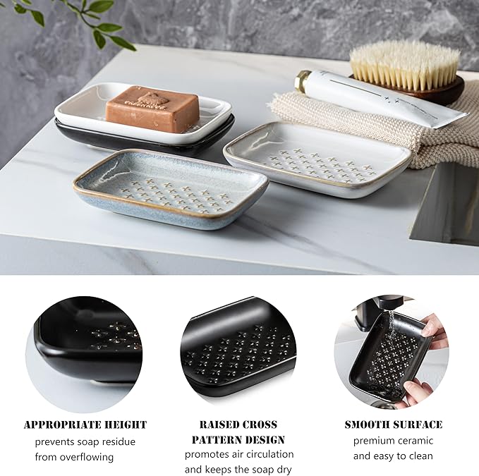 Gomakren Ceramic Soap Dish, Non-Slip Shower Soap Holder for Bathroom & Kitchen Sink, Soap Saver Tray for Bar Soap Sponge, 5.5 Inch, Black
