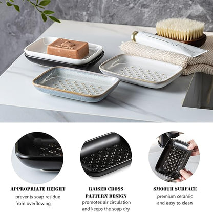 Gomakren Ceramic Soap Dish, Non-Slip Shower Soap Holder for Bathroom & Kitchen Sink, Soap Saver Tray for Bar Soap Sponge, 5.5 Inch, Black
