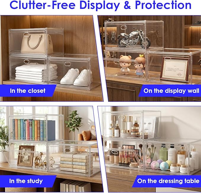 3-Pack Clear Stackable Shoe Display Cases – Large Plastic Storage Bins with Magnetic Door for Size 14 Sneakers, Organizer for Handbags, Collectibles & Closet