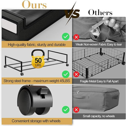 Yecaye Under Bed Storage with Wheels, 4 Pack Under the Bed Storage Containers with Lids & Label, XXL 60L Rolling Underbed Storage Drawers for Clothes, Blankets, Shoes, Black
