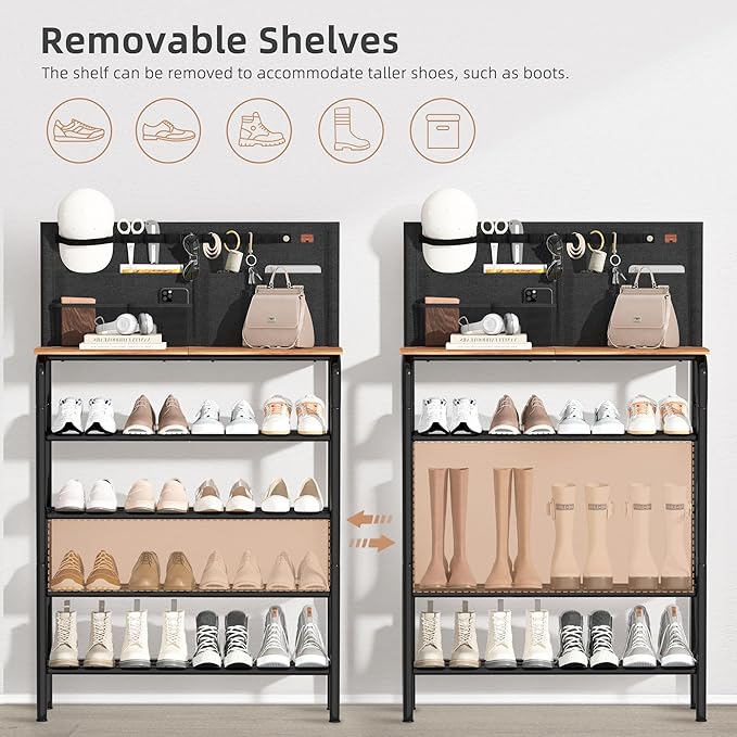 STORAGE MANIAC 5 Tier Shoe Rack for Entryway, Metal Shoe Shelf with Storage Pocket and MDF Top Board, 16-20 Pairs Free Standing Shoes Organizer for Closet, Black