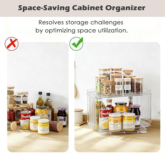 Lazy Susan Organizer for Cabinet, Pantry, Countertop (2 Tier 14" x 10" Clear - 1 Pack, Rectangular)