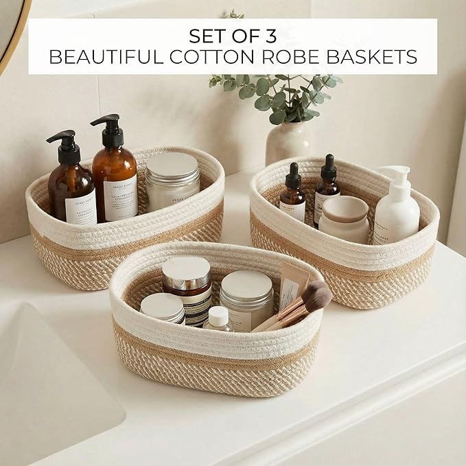 Beautiful Storage Basket Set of 3 - Sturdy Jute Rope Baskets for Shelves Are Perfect for Organizing Your Home - Quality Storage Bins Easily Fit With Any Nursery or Bedroom Decor