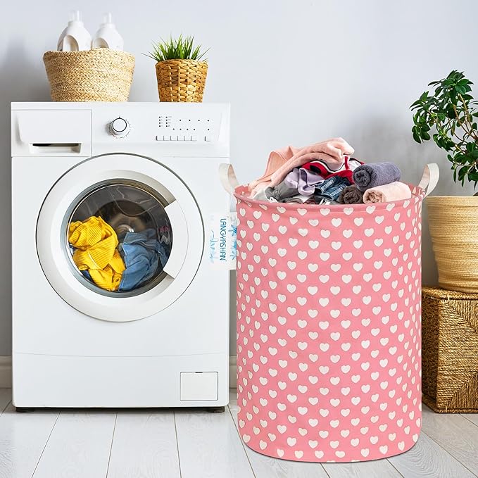 Laundry Basket Canvas Fabric Collapsible Organizer Basket for Storage Bin Toy Bins Gift Baskets Bedroom Clothes Children Nursery Hamper (pink heart)