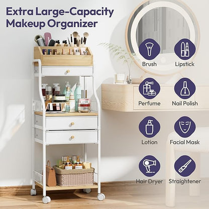SWTYMIKI Rolling Makeup Organizer Cart - Floor Skincare Storage with Non-woven Drawers, Vanity Organizer Cosmetic Display Cases with Wheels, Cabinet for Skin Care Perfume Nail Polish Brush Hair Tool