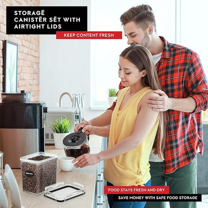 DWËLLZA KITCHEN Airtight Food Storage Container Set - 8 Pieces 1.4L - Plastic BPA Free Kitchen Pantry Storage Containers with Lids - Dishwasher Safe - Include 8 Labels - Keeps Food Fresh & Dry