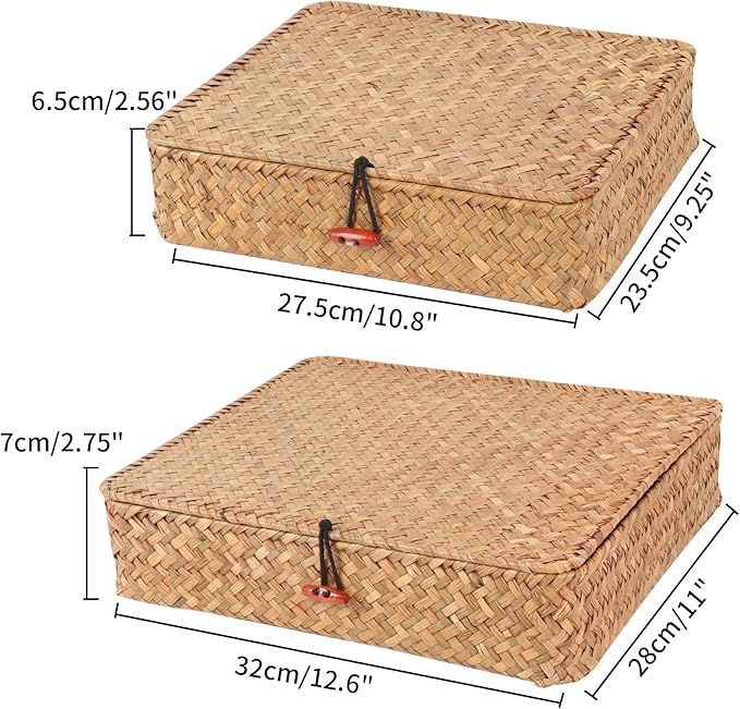 Moosky Flat Wicker Shelf Baskets with Lid, Seagrass Woven Basket Boxes for Storage Basket Bins Multipurpose Home Decor Organizer (Natural Set of 2)
