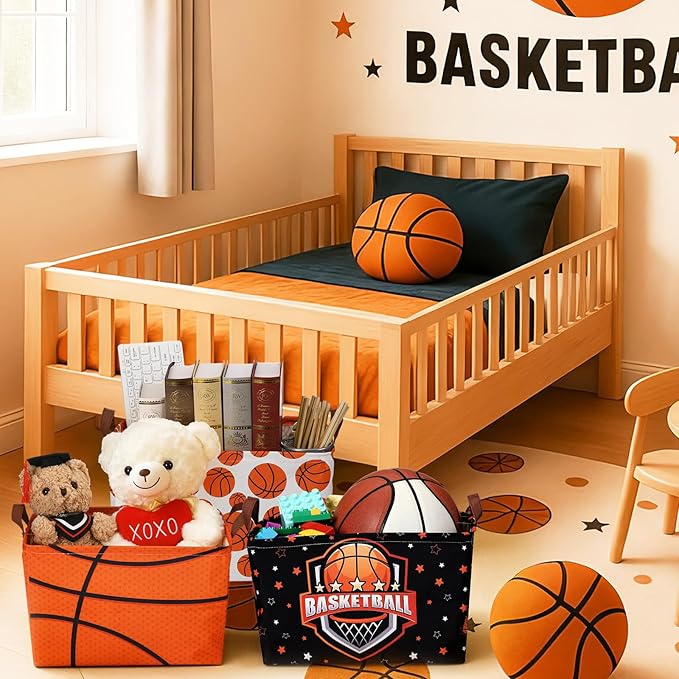 CHENGU 3 Pcs Basketball Baskets Storage Bin Basket for Gifts Collapsible Waterproof Canvas Cube Sports Storage Basketball Organizer with Handles for Clothes Toys Balls Shelf Nursery Boxes Decor