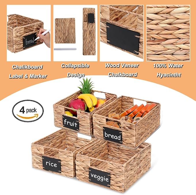 Water Hyacinth Storage Baskets Set of 4 - Foldable Seagrass Organizers with Chalk Labels,10.8x9x4.9 Inch,Rectangular Woven Pantry Bin for Shelves