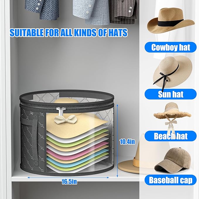 Veki 2pack Clear Hat Organizer for Closet, Hat Boxes for Women Storage With Dustproof Lids, Hat Box for Travel and Storage, Cowboy Hat, Stackable Round Brim Hats Organizer Bag Container (Gray)