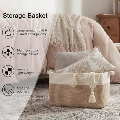 OIAHOMY Large Blanket Basket, 65L Cotton Rope Woven Laundry Basket, Toy Bin for Baby Room, Container for Blanket Storage in Living Room, 20''×16''×12'', Brown & White