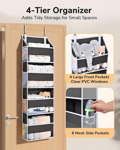 ULG 1 Pack Small Over Door Organizer with 4 Large Pockets 8 Mesh Side Pockets, Hanging Storage Organizer with Clear Window Kids Toys Deep Gray