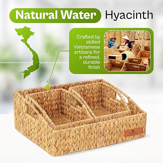 Water Hyacinth Storage Baskets for Shelves Set of 3, Rectangular Open-Top Wicker Storage Bins with Handles, Shelf Baskets for Closet, Bathroom, Pantry + Tissue Box Cover