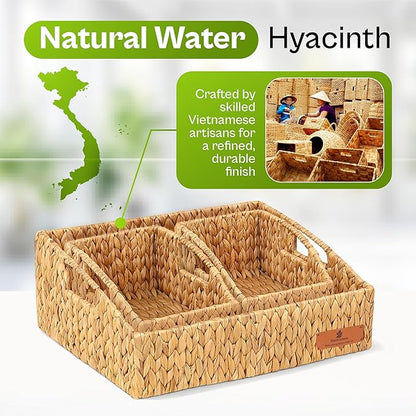 Water Hyacinth Storage Baskets for Shelves Set of 3, Rectangular Open-Top Wicker Storage Bins with Handles, Shelf Baskets for Closet, Bathroom, Pantry + Tissue Box Cover