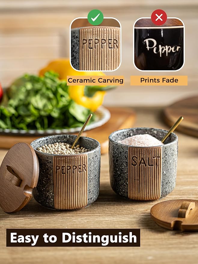 Salt and Pepper Bowl Ceramic, 10 Oz Salt Containers for Countertop Salt Cellar with Wooden Lid and Spoons, Salt and Pepper Set Marble Design, Gray