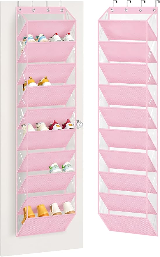 AOODA 10 Tier Clear Over the Door Shoe Organizer Storage, Deep Pockets Large Hanging Shoe Rack for Closet Door, Fit 20 Pairs Shoe Holder Hanger for Sneakers, Boots (Pink)