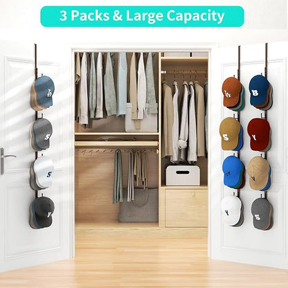 HapiRm Over Door Hat Rack - 3 Packs Hat Organizer with 12 Hooks Design, Hanging Baseball Cap Organizer Storage Holds Up to 60 Caps for Door, Bedroom, Closet (Brown)