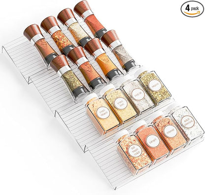 Yieach 4 Pack Adjustable Narrow In Drawer Spice Organizer - Expandable From 9'' to 17.7'' - Acrylic Drawer Seasoning Organizer,Clear Spice Drawer Insert Tray for Drawers Condiment,Jar Organization