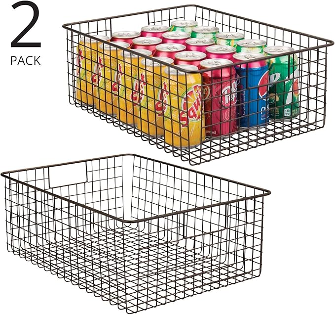mDesign Metal Wire Food Storage Basket Organizer with Handles for Organizing Kitchen Cabinets, Pantry Shelf, Bathroom, Laundry Room, Closets, Garage - Concerto Collection - 2 Pack - Bronze
