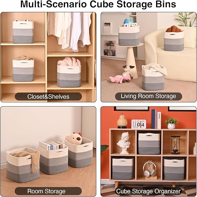 ICERZCZ 11 Inch Cube Storage Bins, Storage Cube Organizer Bins, Woven Cotton Rope Basket for Storage, Storage Baskets for Organizing Shelves, Grey Baskets for Toys, Gradient Grey (Pack of 3)