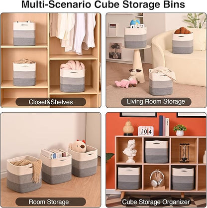 ICERZCZ 11 Inch Cube Storage Bins, Storage Cube Organizer Bins, Woven Cotton Rope Basket for Storage, Storage Baskets for Organizing Shelves, Grey Baskets for Toys, Gradient Grey (Pack of 3)