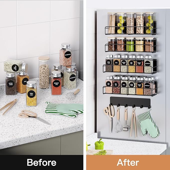 Mystozer 5 Pack Moveable Magnetic Spice Rack Organizer With 6 Hooks for Refrigerator, Metal Fridge Shelf Magnetic Basket for Fridge Kitchen Spice Organizer (Black)