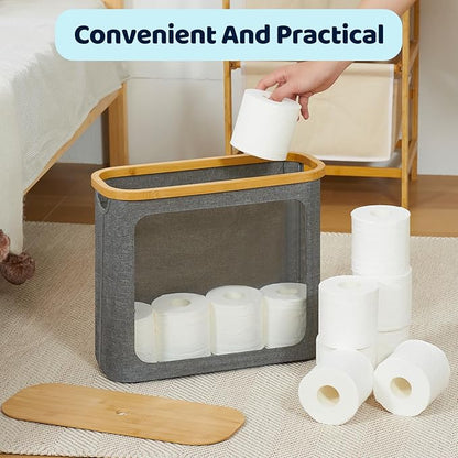 Toilet Paper Basket, Toilet Paper Storage with Lid for 12 Rolls, Bathroom Storage Organizer with Bamboo Lid, Grey