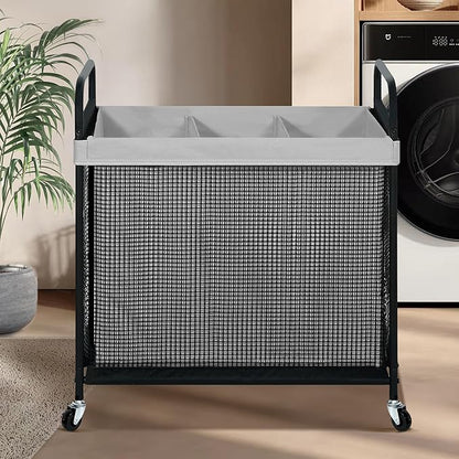 STO STO Laundry Hamper 3 Section, 120L Rolling Laundry Sorter Cart with Removable and Washable Liner Bag, Clothes Hamper with Wheels and Metal Handle for Laundry Room and Bedroom, Gray