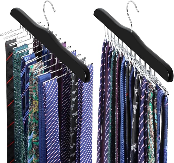 TOPIA HANGER Tie Rack Hanger for Closet 2 Packs, Wooden Tie Organizer for Men with 24 Folding Hooks, Space Saving Necktie Holder for Storage and Display Bra, Tank Top, Camisole (Black) - CT14B-2