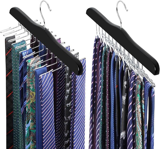 TOPIA HANGER Tie Rack Hanger for Closet 2 Packs, Wooden Tie Organizer for Men with 24 Folding Hooks, Space Saving Necktie Holder for Storage and Display Bra, Tank Top, Camisole (Black) - CT14B-2