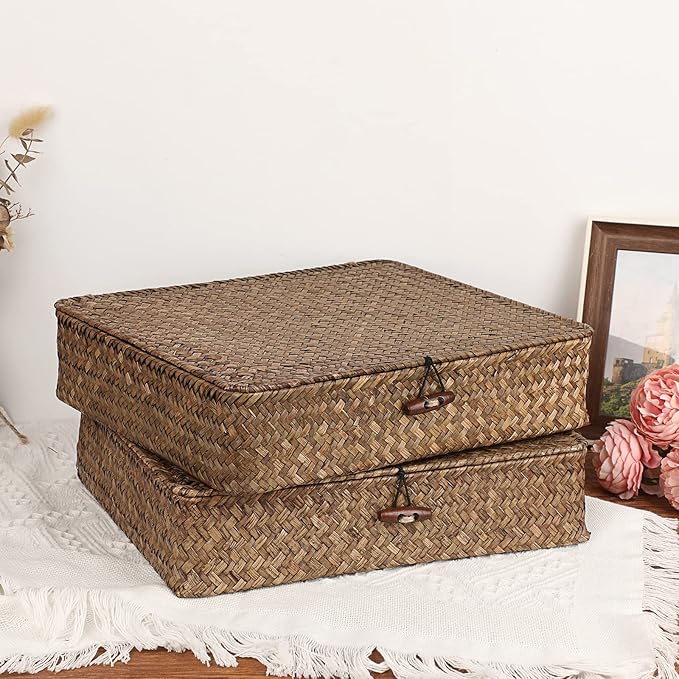 Hipiwe Woven Wicker Basket Bins with Lid - Set of 2 FLat Seagrass Storage Baskets Boxes Rectangular Shelf Baskets Home Organizer Bin for Shelf Organizing (Large Size, Coffee)