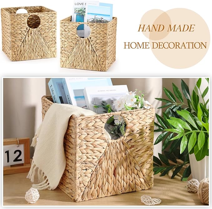 Jinei 6 Pcs Wicker Storage Basket Bulk 12 x 12 x 12 Inch Handwoven Water Hyacinth Cube Bin with Handles Woven Laundry for Organizer Shelves Wood Color