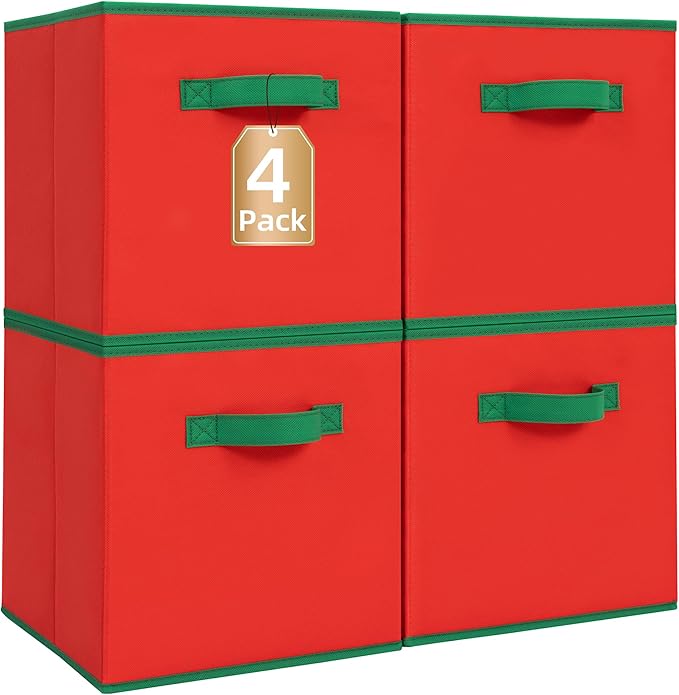 STORAGE MANIAC Storage Cubes, 11 Inch Durable 4 Pack Storage Shelf Basket for Christmas, Fabric Foldable Collapsible Bins with Handles for Organization, Closet, Shelves, Offices, Toys, Red