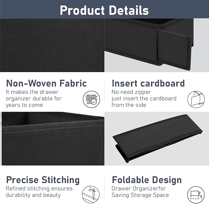 DIMJ Drawer Organizer Clothes - Underwear Organizer Small Closet and Storage Box Dresser Organizer,Drawer Dividers for Baby Clothes,Bra,Socks, Belt, Tie, Set of 6,Black